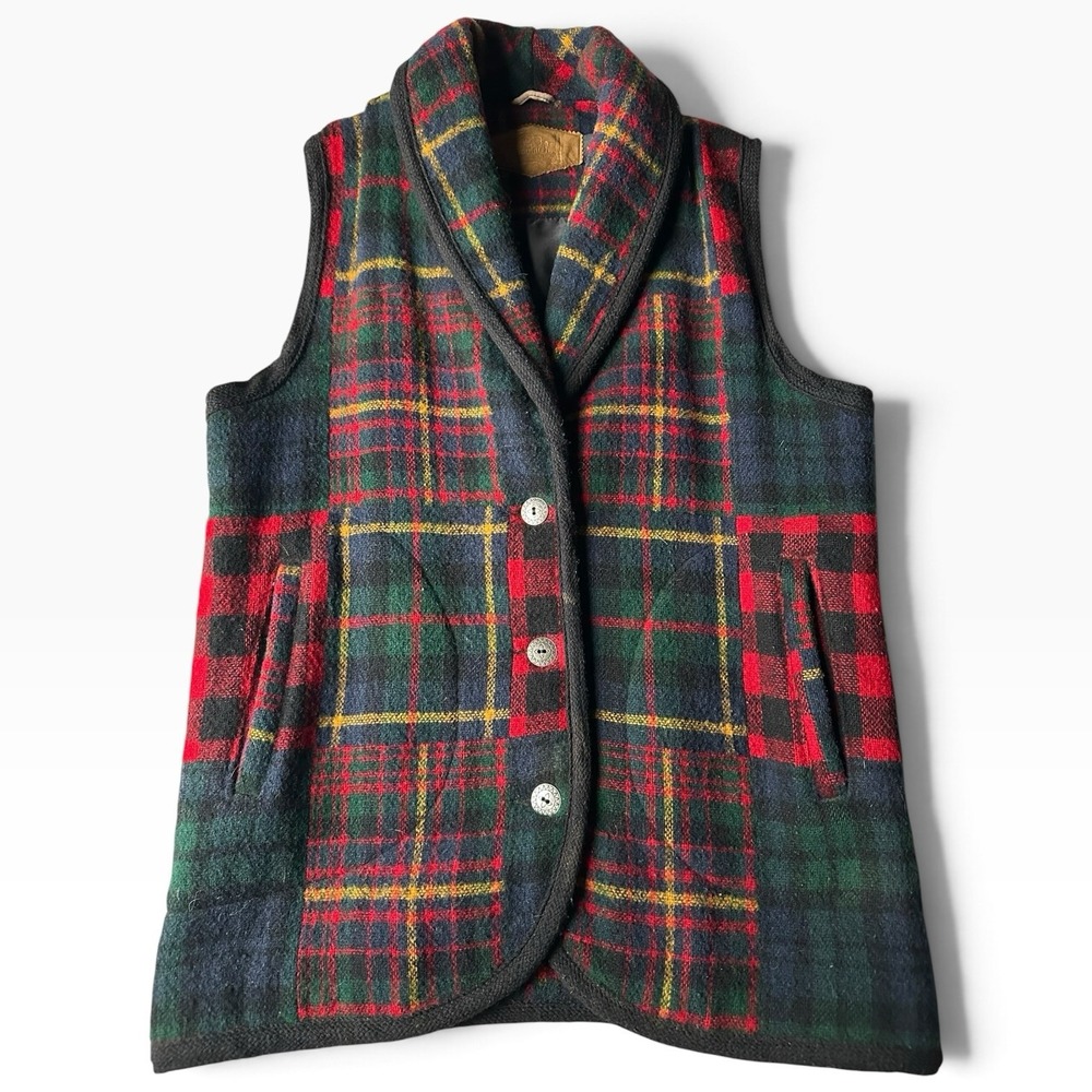 Vintage Woolrich Patchwork Tartan Plaid Shawl Collar Wool Vest Gorpcore Cabin M